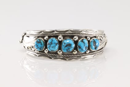 Native America Navajo Sterling Silver Turquoise Bracelet Cuff By Darrell Morgan.