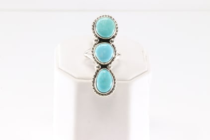Native America Navajo Sterling Silver Turquoise Ring 3 Stone By S.