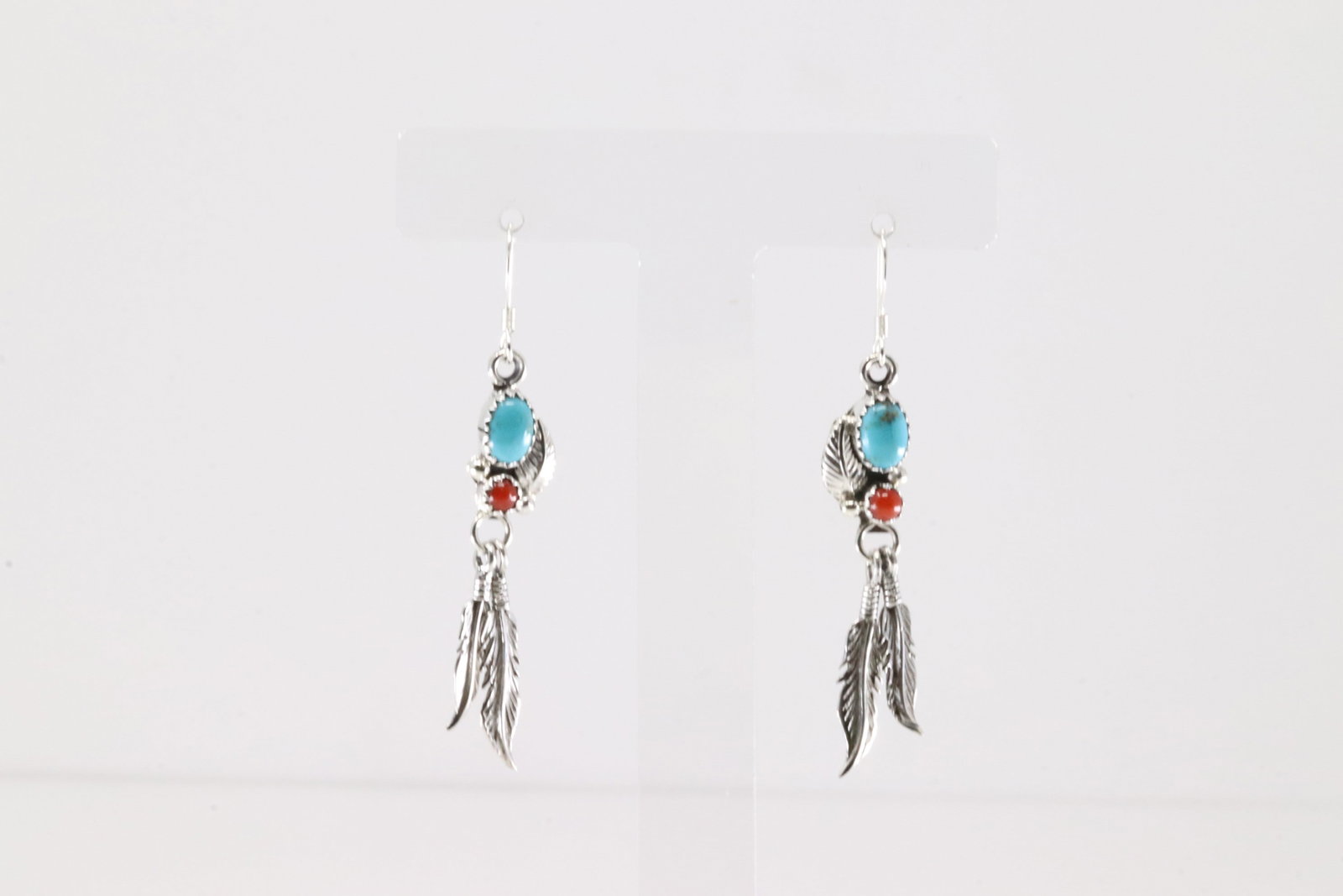 Native America Navajo Sterling Silver Coral & Turquoise Dangling Earring's By Rital Largo.: This is a Native America Navajo Sterling Silver Coral & Turquoise Dangling Earring's By Rital Largo.