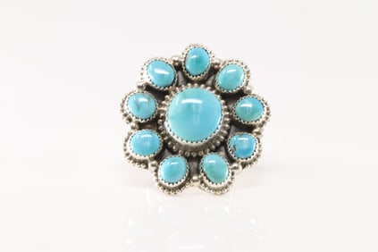 Native America Navajo Sterling Silver Turquoise Ring Flower Design By S.