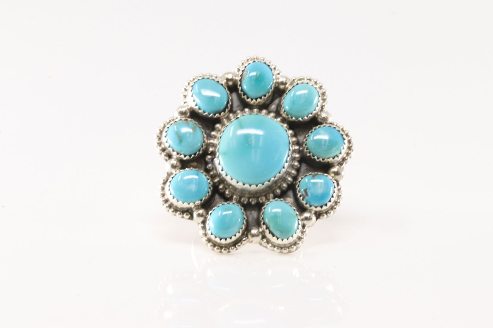 Native America Navajo Sterling Silver Turquoise Ring Flower Design By S.