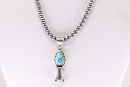 Native America Navajo Sterling Silver Turquoise Blossom Necklace By Samuel Yellowhair.
