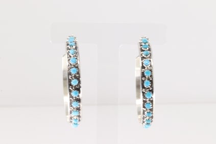 Native America Zuni Sterling Silver Turquoise Hoop Earring's By Joan Cheama.