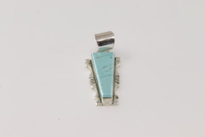 Native America Navajo Sterling Silver Turquoise Inlay Pendant By S.F.