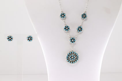 Native America Zuni Sterling Silver Turquoise Necklace & Earring's Set By Tricia Leekity.
