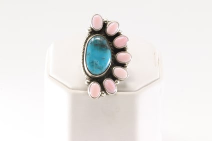 Native America Navajo Sterling Silver Pink Conch Shell & Turquoise Ring By Geraldine James.