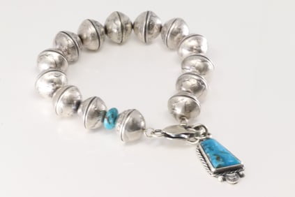 Native America Navajo Sterling Silver Kingman Turquoise Liberty Dime Bracelet Link By James McCabe.