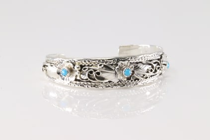 Native America Navajo Sterling Silver Turquoise Bracelet Floral Cuff By Bessie Joe.