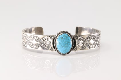 Native America Navajo Sterling Silver Kingman Turquoise Bracelet Cuff By Sunshine Reeves.