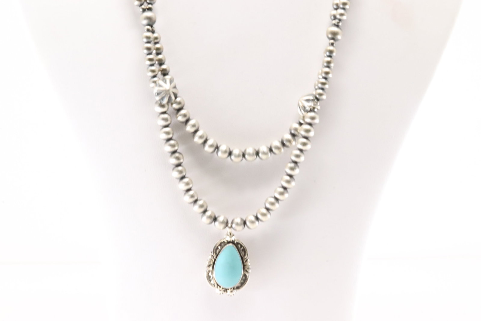 Native America Navajo Sterling Silver Double Strand Turquoise Necklace By Lucinda Sardo. (1 of 4)