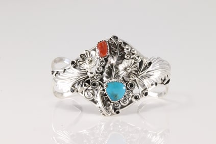 Native America Navajo Sterling Silver Coral & Turquoise Bracelet Floral Cuff By Harry B.Yazzie.