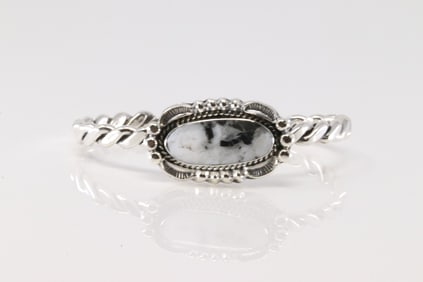 Native America Navajo Sterling Silver White Buffalo Bracelet Cuff By Leroy Silversmith.