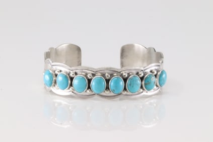Native America Navajo Sterling Silver Kingman Turquoise Barcelet Cuff By Thomas Yazzie.