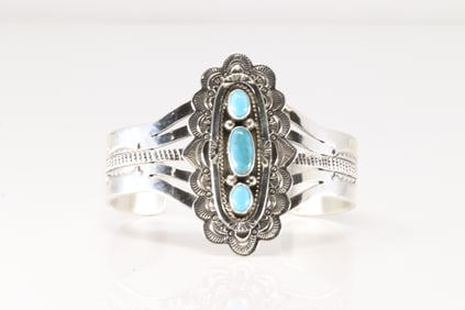 Native America Navajo Sterling Silver Turquoise Bracelet 3 Stone By Eula Wylie.