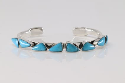 Native American Navajo Sterling Silver Turquoise Bracelet Cuff By Sadie Jim.