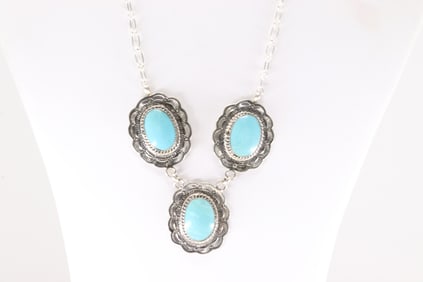 Native American Navajo Sterling Silver Turquoise Necklace By Gwendolyn Burnside.