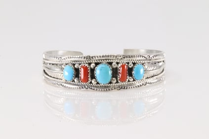 Native America Navajo Sterling Silver Coral & Turquoise Bracelet Cuff By Harrison & Betty Begaye.