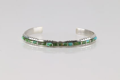 Native America Zuni Sterling Silver Turquoise Inlay Bracelet cuff By Sheldon Ladio.