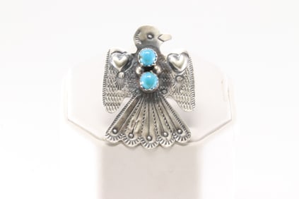 Native American Navajo Sterling Silver Turquoise Thunderbird Ring By Yazzie.