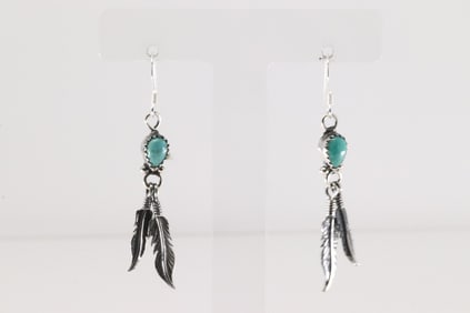 Native American Navajo Sterling Silver Turquoise Feather Dangling Earring's By Betty Hawthorne.
