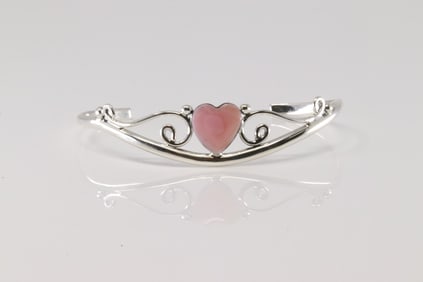 Native American Navajo Sterling Silver Pink Conch Shell Heart Bracelet Cuff By Sadie Jim.