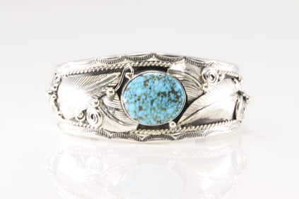 Native America Navajo Sterling Silver Kingman Turquoise Bracelet Laef Cuff By Darrel Morgan.
