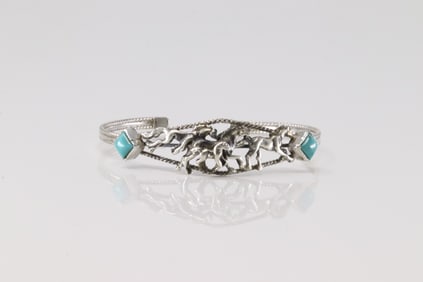 Native America Navajo Sterling Silver Turquooise Horse Bracelet Cuff By Bobby Platero.