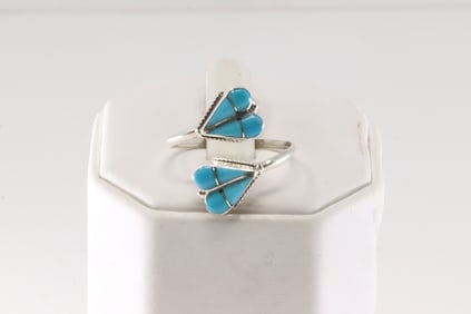 Native America Zuni Sterling Silver Turquoise Ring Heart Inlay Ring By RVN.