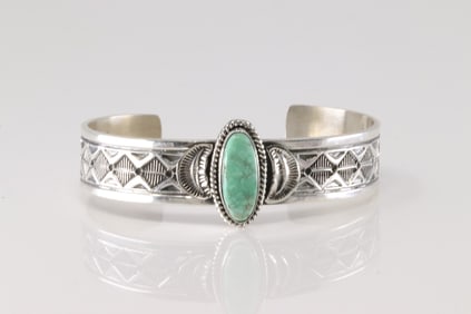 Native America Navajo Sterling Silver Turquoise Bracelet Cuff By Leonard Maloney.