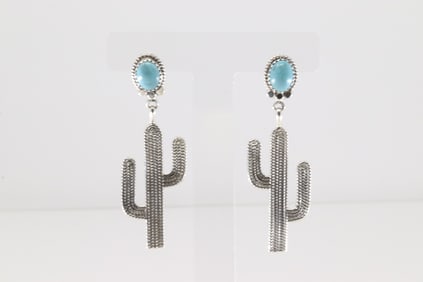 Native America Navajo Sterling Silver Turquoise Cactus Post / Dangling Earring's By Annie Spencer.