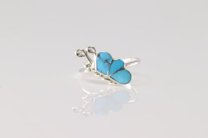Native America Zuni Sterling Silver Turquoise Inlay Butterfly Ring By Vicent Hooee.