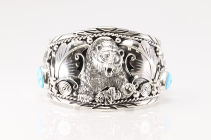 Native America Navajo Sterling Silver Turquoise Bracelet Bear Casted & Laef Cuff By Thomas Yazzie.
