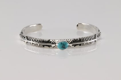 Native America Navajo Sterling Silver Turquoise Bracelet Cuff By Betty S.