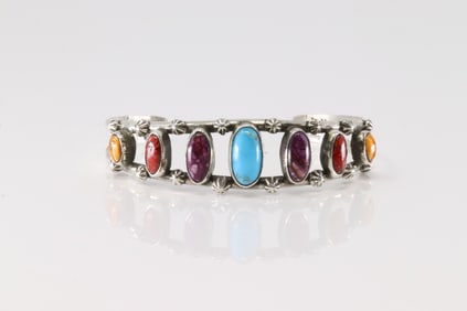 Native America Navajo Sterling Silver Spiny Oyster & Turquoise Bracelet Cuff By A.Y.