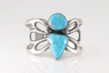 Native America Navajo Sterling Silver Kingman Turquoise Bracelet Cuff By Chimney Butte.