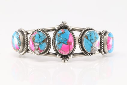 Native America Navajo Sterling Silver Turquoise Compressed Bracelet Cuff By Robert Martinez.