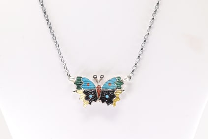 Native America Zuni Sterling Silver Multi-Color Stone Butterfly Necklace By Tamara Pinto.