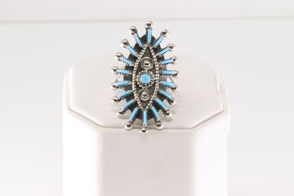 Native America Zuni Sterling Silver Turquoise Needlepoint Ring By Philander Gia.