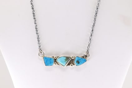 Native America Zuni Sterling Silver Kingman Turquoise Necklace By Jude Candelaria.