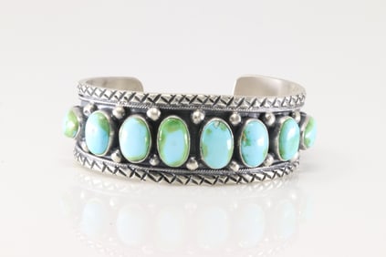 Native American Navajo Sterling Silver Sonora Gold Turquoise Bracelet Cuff By Bobby Johnson.