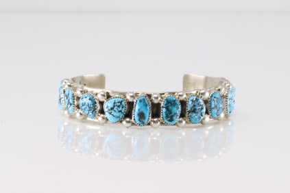 Native America Navajo Sterling Silver Kingman Turquoise Bracelet Cuff By Ranee Frank.
