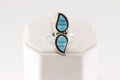 Native American Zuni Sterling Silver Turquoise Inlay Ring By faye Lowsayatee.