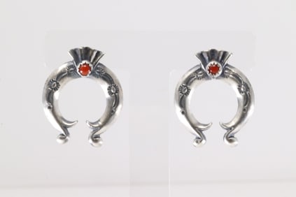 Native America Navajo Sterling Silver Coral Naja Post Earring's By Adrienne Gordan.
