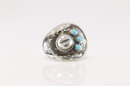 Native America Navajo Sterling Silver Turquoise Cowboy Hat Ring By Bobby Platero.