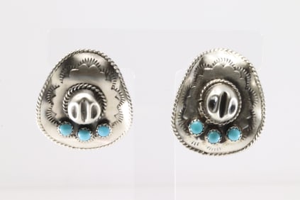 Native America Navajo Sterling Silver Turquoise Cowboy Hat Post Earring's By Bobby Platero.
