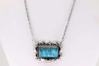 Native America Navajo Sterling Silver Turquoise Necklace By Juanita Long.