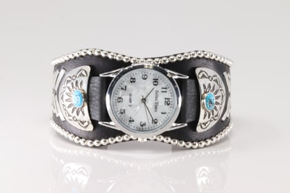 Native America Navajo Sterling Silver Men Turquoise Watch Leather Bracelet Cuff By F.Amrstrong.