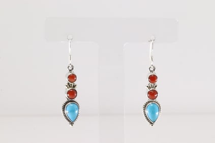 Native America Navajo Sterling Silver Coral & Turquoise Dangling Earring's By Verley Betone.