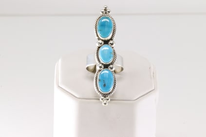 Native America Navajo Sterling Silver Turquoise Ring 3 Stone By S.