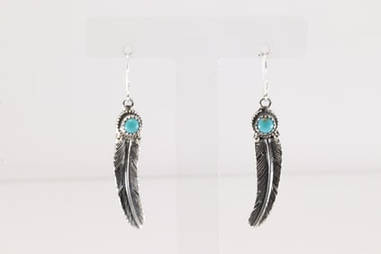Native America Navajo Sterling Silver Turquoise Feather Dangling Earring's By Sharon McCarthy.